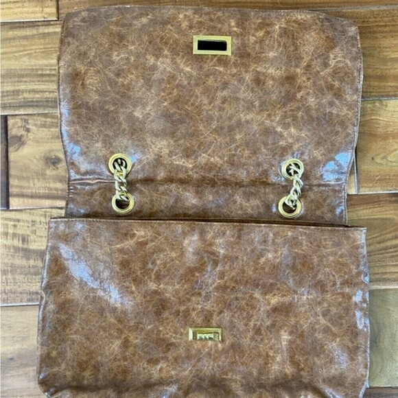 Big Buddha Chocolate Brown Weaved Studded Vegan Leather Turn Lock Shoulder Bag - Picture 5 of 11